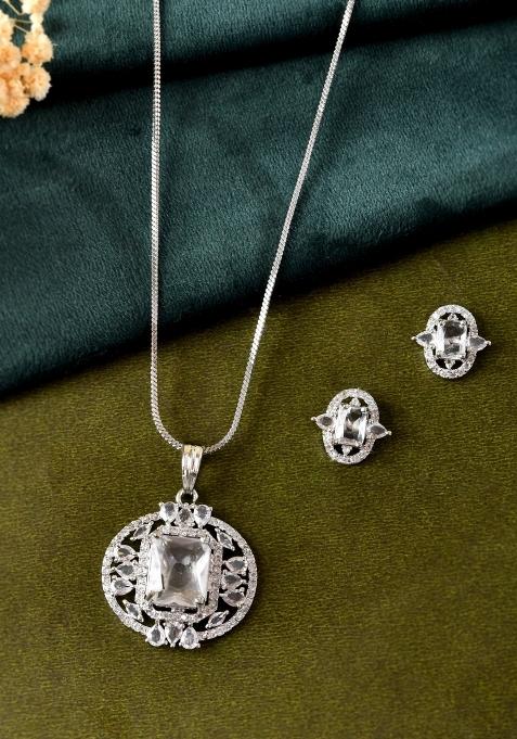 Silver Plated Rectangulare Ad Stone Studded Chain Set