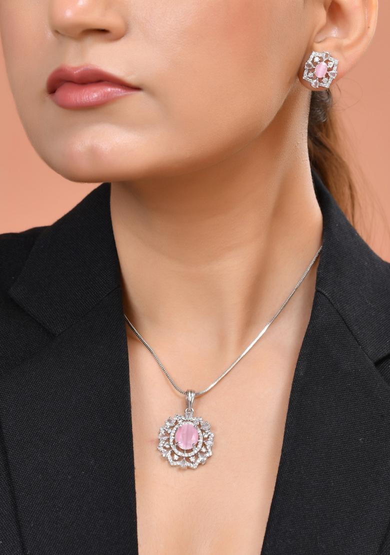 Silver Plated Baby Pink Circular Stone Studded Designer Ad Chain Set  - Indya