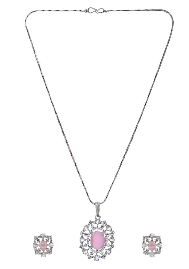 Silver Plated Baby Pink Circular Stone Studded Designer Ad Chain Set  - Indya