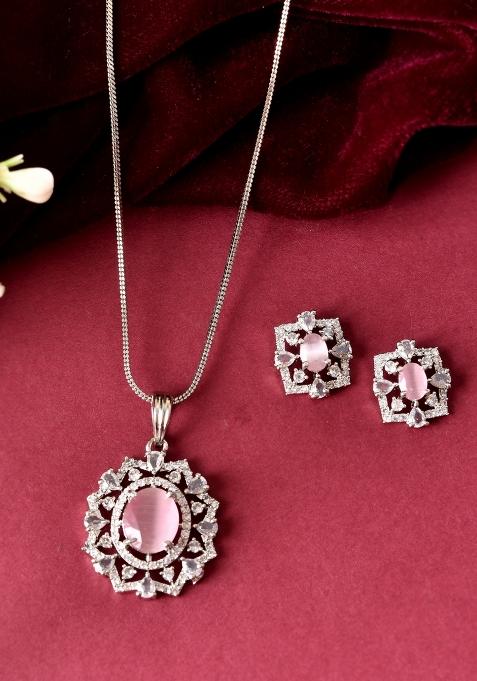 Silver Plated Baby Pink Circular Stone Studded Designer Ad Chain Set 