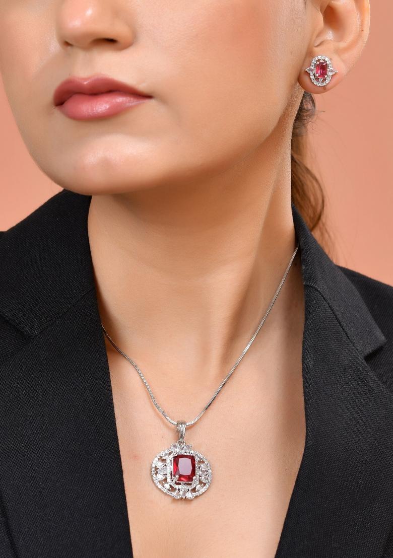 Silver Plated Ruby Red Rectangular Cz Stone Studded Chain Set  - Indya