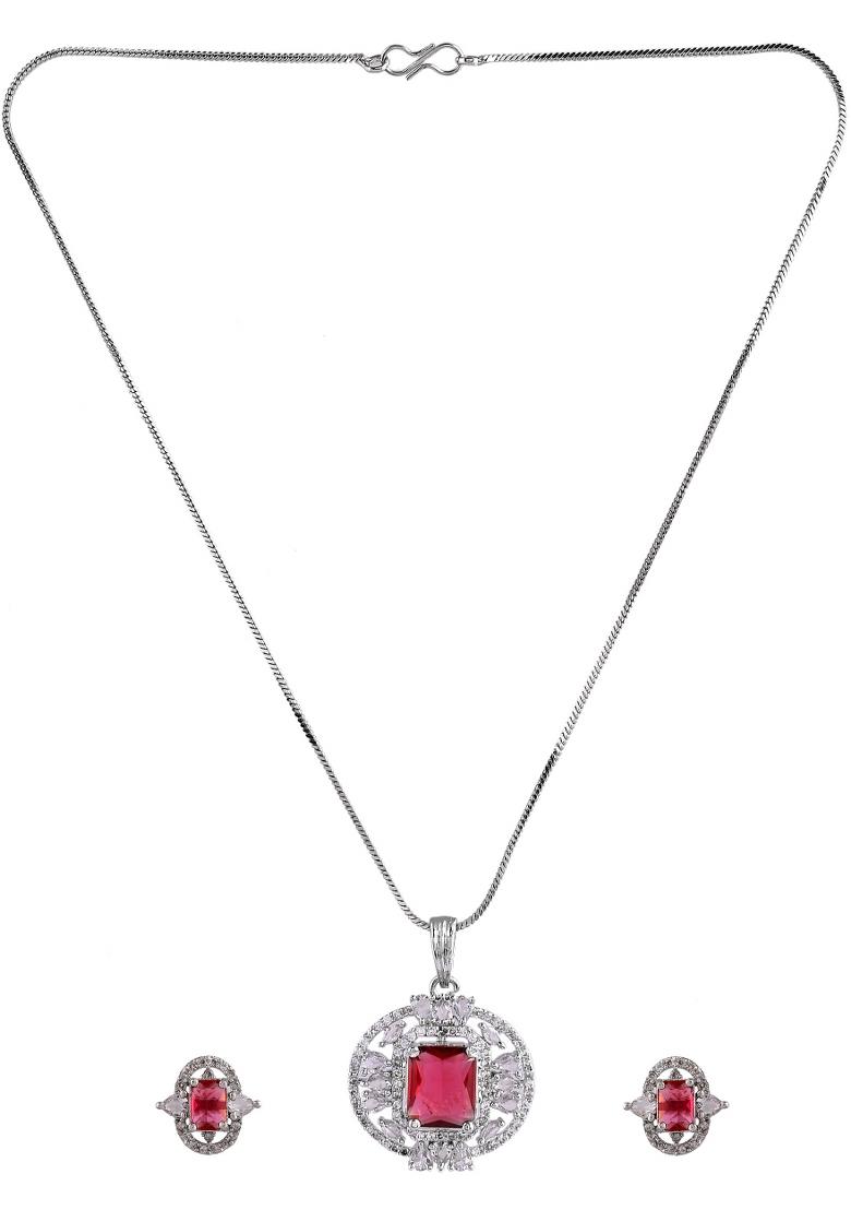 Silver Plated Ruby Red Rectangular Cz Stone Studded Chain Set  - Indya