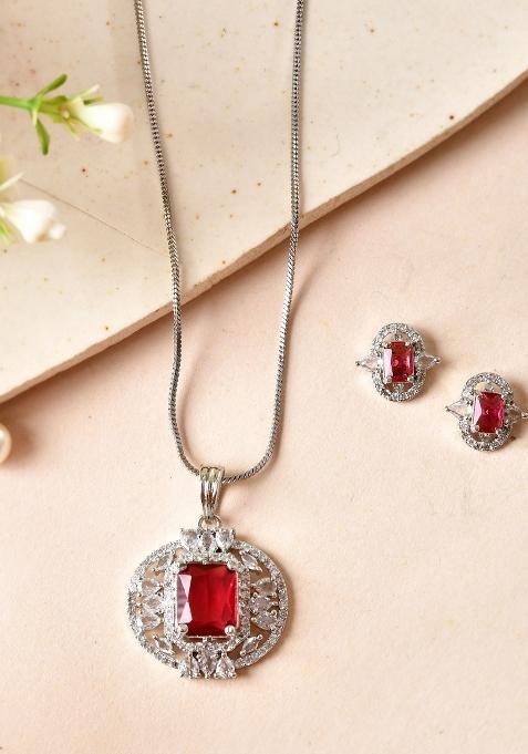 Silver Plated Ruby Red Rectangular Cz Stone Studded Chain Set 