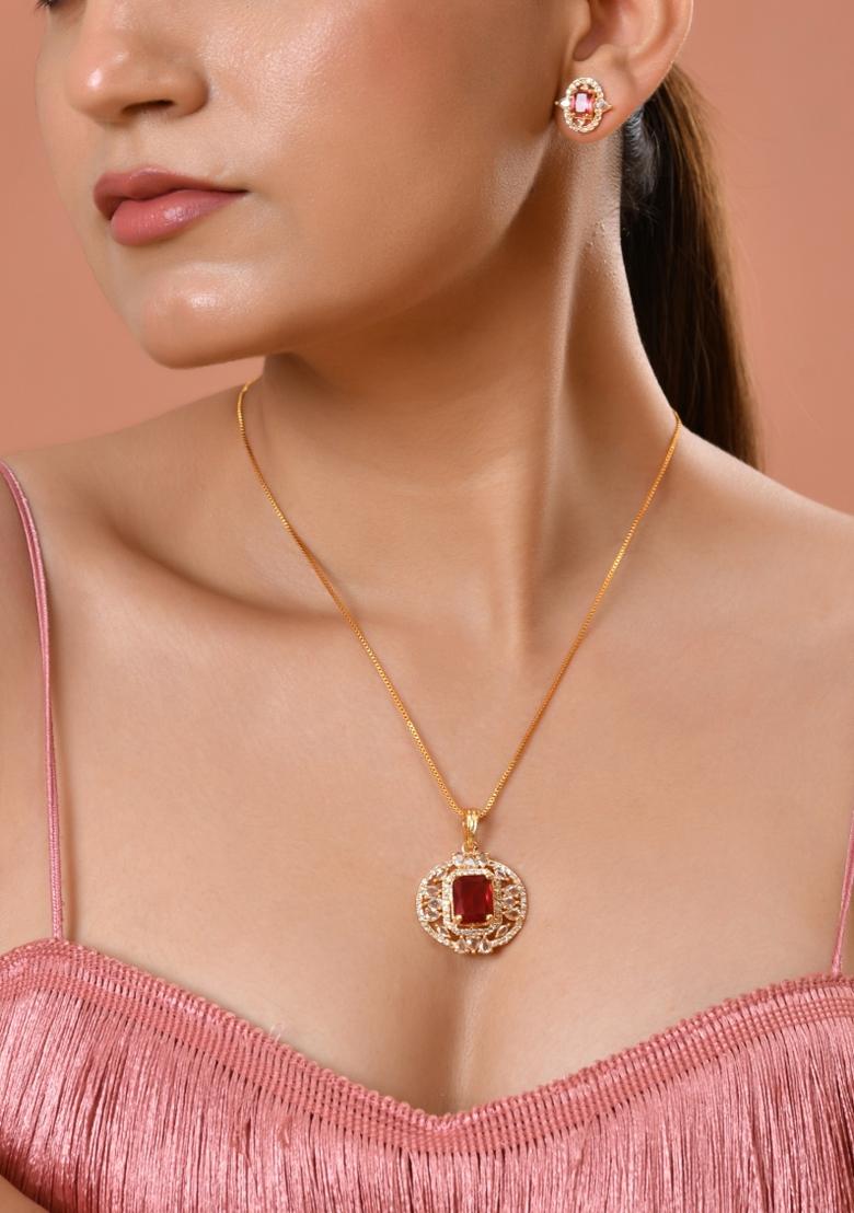 Gold Plated Ruby Red Rectangular Cz Stone Studded Chain Set  - Indya