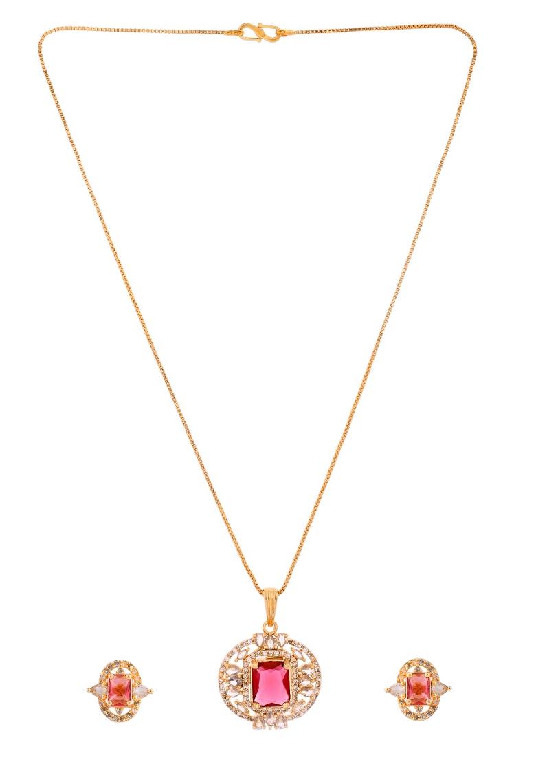 Gold Plated Ruby Red Rectangular Cz Stone Studded Chain Set  - Indya