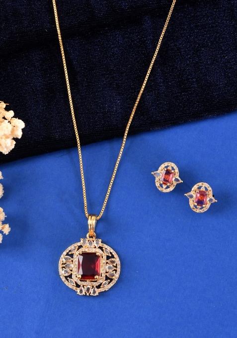 Gold Plated Ruby Red Rectangular Cz Stone Studded Chain Set 