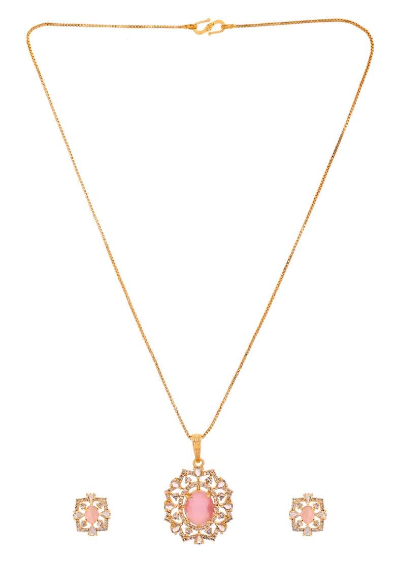 Gold Toned Baby Pink Oval Stone Studded Sun Shaped Ad Pandent With Chain Set  - Indya