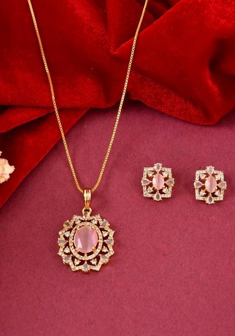 Gold Toned Baby Pink Oval Stone Studded Sun Shaped Ad Pandent With Chain Set 