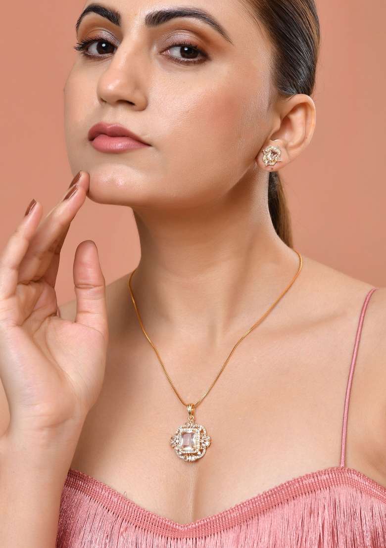 Gold Toned Rectangular Shaped Ad Chain Set  - Indya