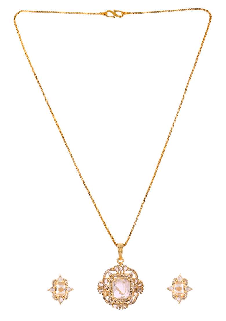 Gold Toned Rectangular Shaped Ad Chain Set  - Indya