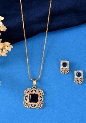Gold Plated Blue Square Shaped Stone Studded Ad Chain Set 