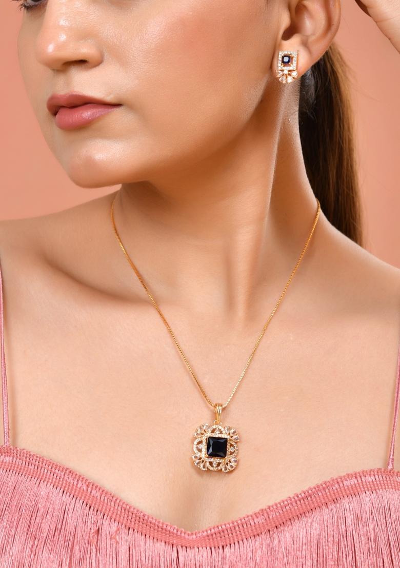 Gold Plated Blue Square Shaped Stone Studded Ad Chain Set  - Indya