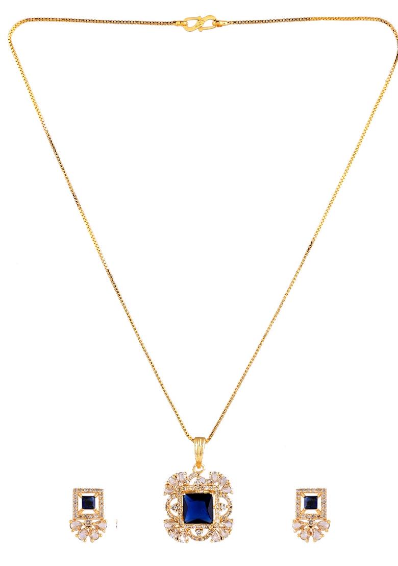 Gold Plated Blue Square Shaped Stone Studded Ad Chain Set  - Indya