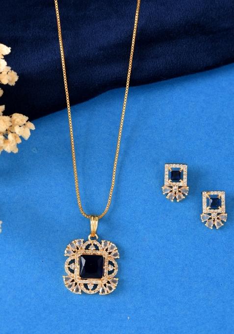 Gold Plated Blue Square Shaped Stone Studded Ad Chain Set 
