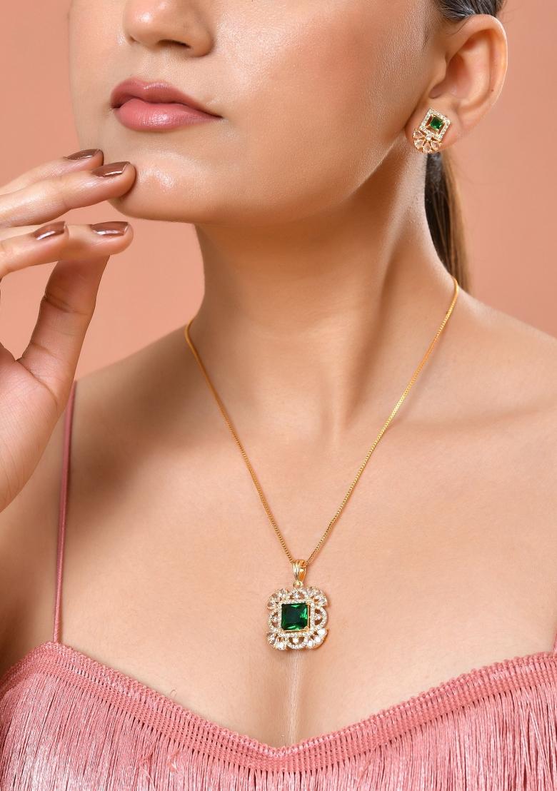 Gold Plated Green Square Shaped Stone Studded Ad Chain Set  - Indya