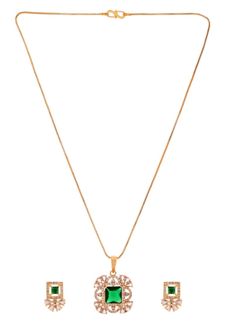 Gold Plated Green Square Shaped Stone Studded Ad Chain Set  - Indya