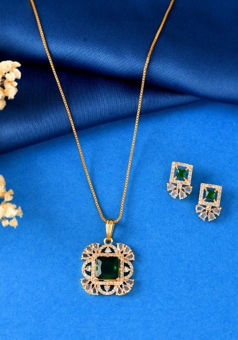 Gold Plated Green Square Shaped Stone Studded Ad Chain Set 