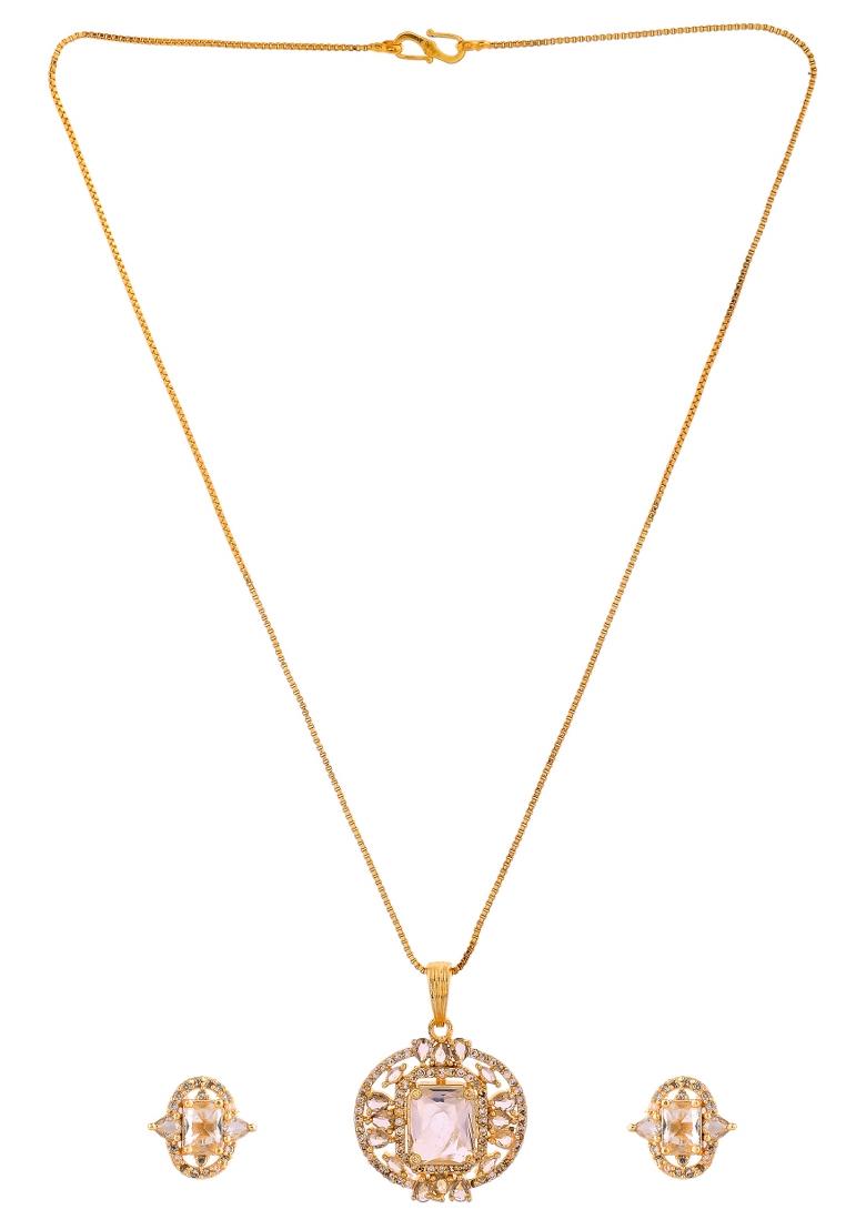 Gold Plated Rectangular Shaped Cz Stone Studded Chain Set  - Indya