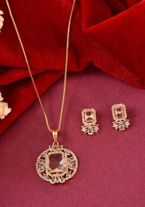Gold Plated Rectangular Shaped Cz Stone Studded Chain Set 