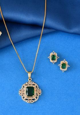 Gold Toned Green Rectangular Shaped Cz Chain Set 