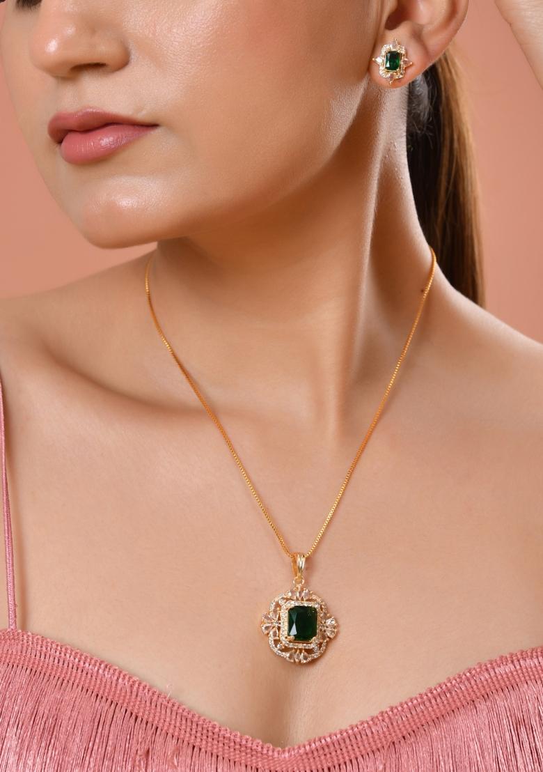 Gold Toned Green Rectangular Shaped Cz Chain Set  - Indya