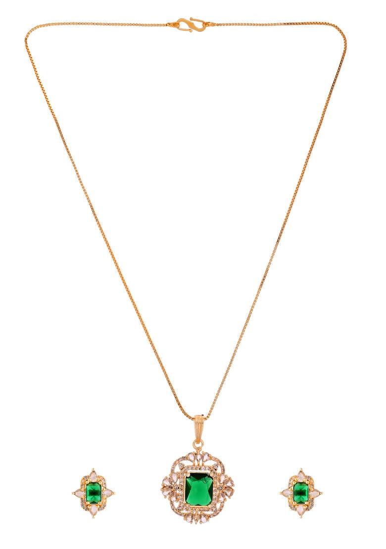 Gold Toned Green Rectangular Shaped Cz Chain Set  - Indya