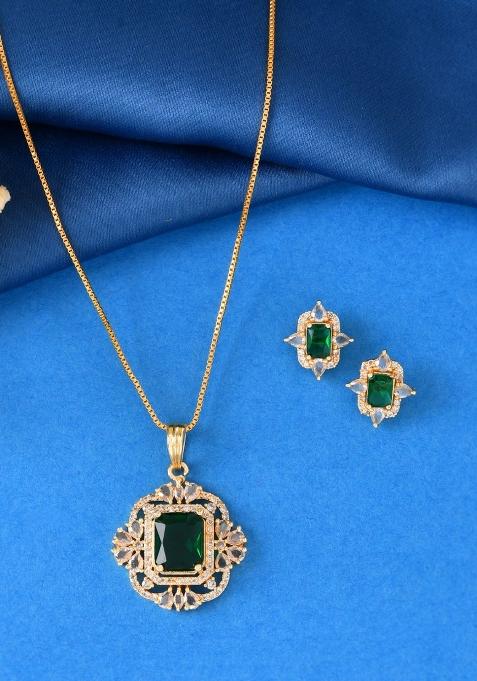 Gold Toned Green Rectangular Shaped Cz Chain Set 