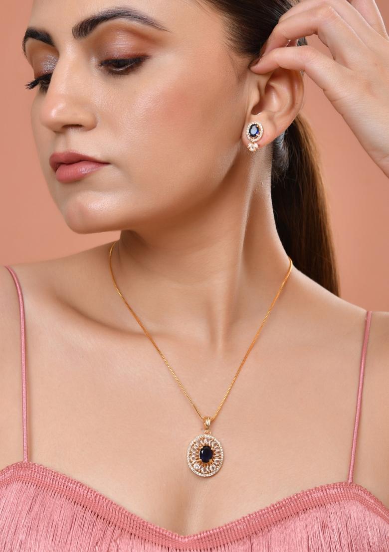 Gold Plated Blue Oval Shaped Cz Chain Set  - Indya