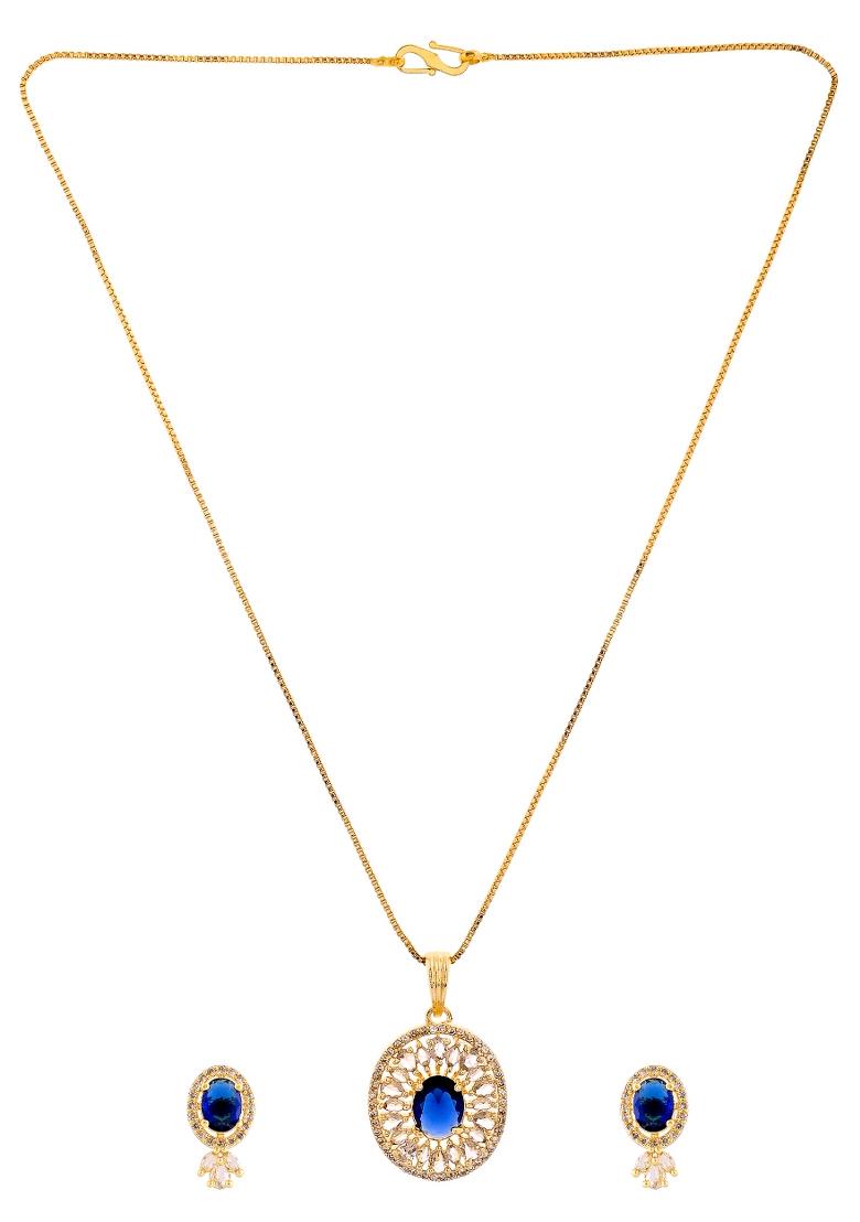 Gold Plated Blue Oval Shaped Cz Chain Set  - Indya
