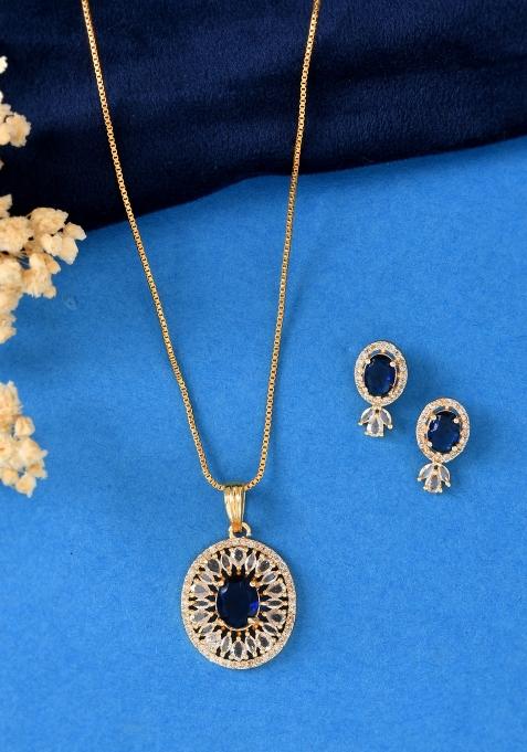 Gold Plated Blue Oval Shaped Cz Chain Set 