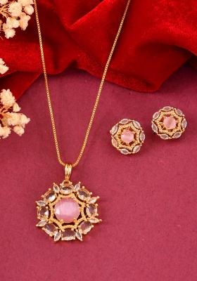 Gold Plated Baby Pink Circular Stone Studded Floral Cz Chain Set 