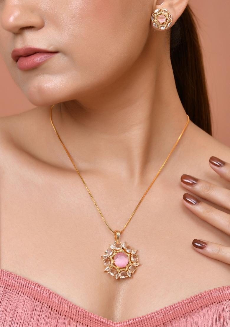 Gold Plated Baby Pink Circular Stone Studded Floral Cz Chain Set  - Indya