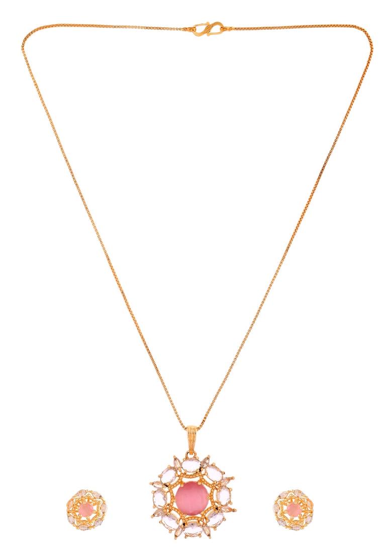 Gold Plated Baby Pink Circular Stone Studded Floral Cz Chain Set  - Indya