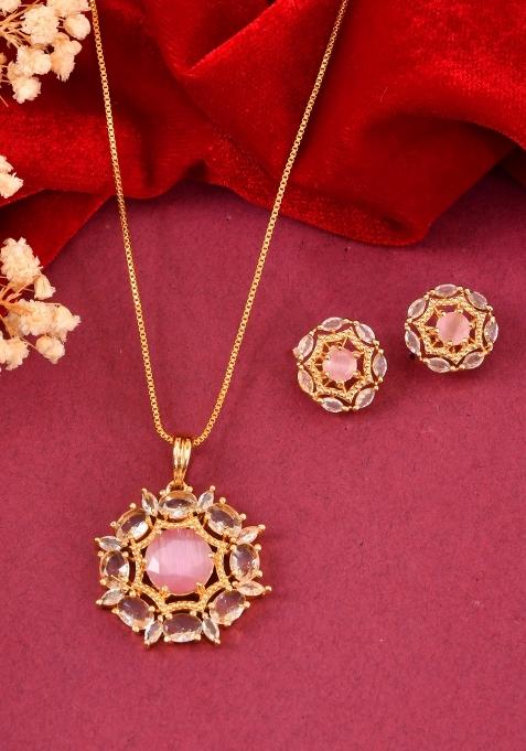 Gold Plated Baby Pink Circular Stone Studded Floral Cz Chain Set 