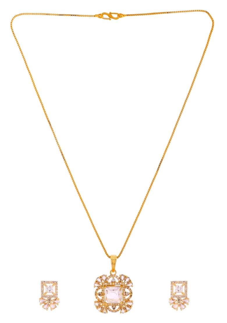 Gold Tone Square Shaped Cz Chain Set  - Indya