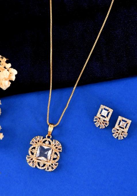 Gold Tone Square Shaped Cz Chain Set 