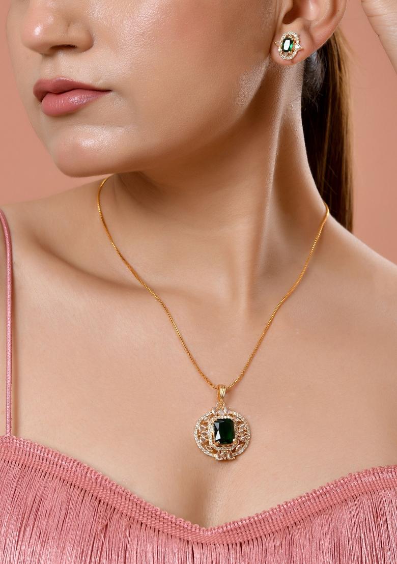Gold Toned Green Rectangular Shaped Cz Chain Set  - Indya