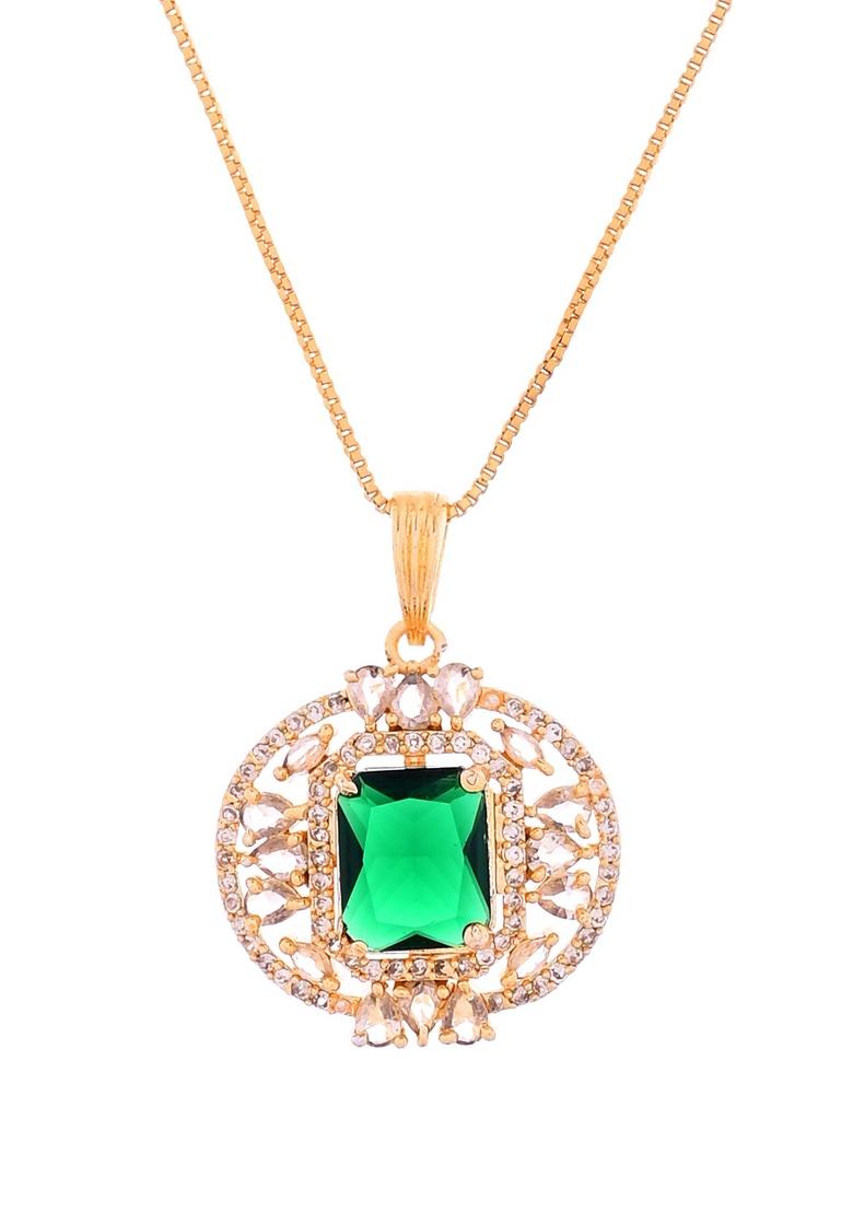 Gold Toned Green Rectangular Shaped Cz Chain Set  - Indya