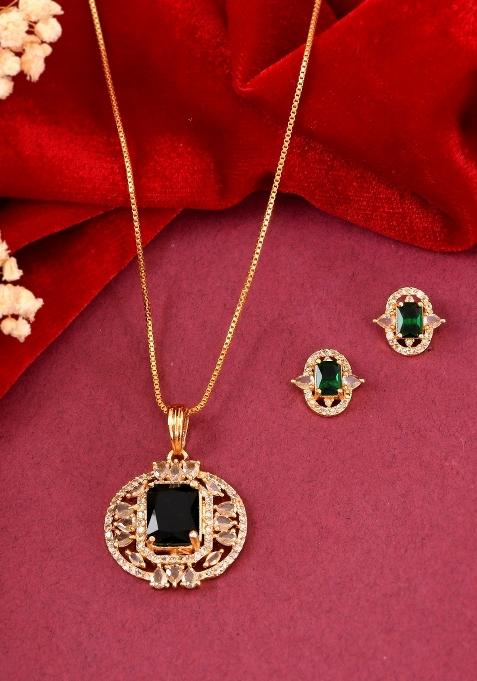 Gold Toned Green Rectangular Shaped Cz Chain Set 