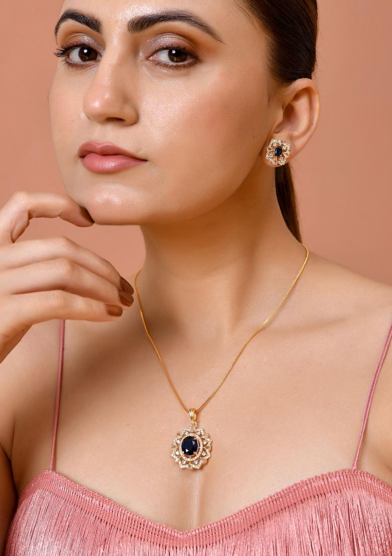 Gold Plated Circulare Blue Cz Stone Studded Chain Set  - Indya