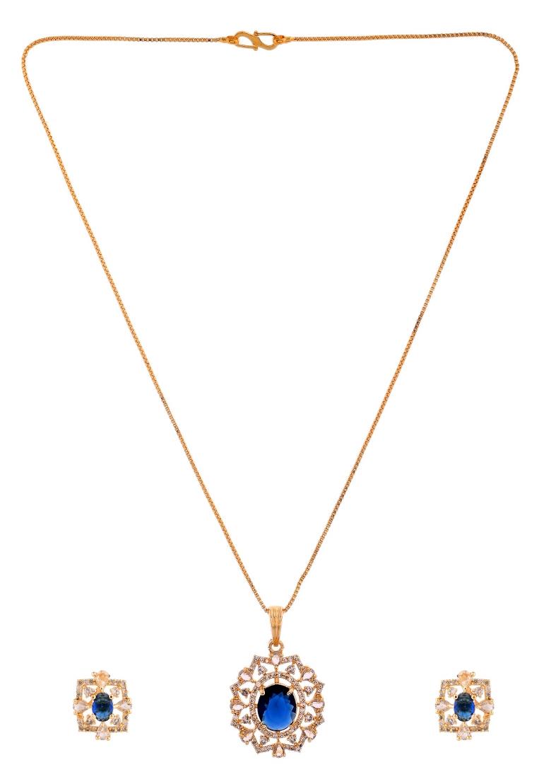 Gold Plated Circulare Blue Cz Stone Studded Chain Set  - Indya