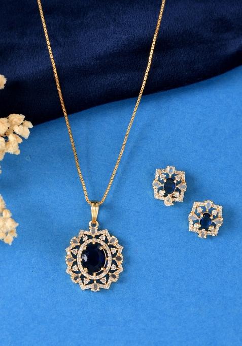 Gold Plated Circulare Blue Cz Stone Studded Chain Set 