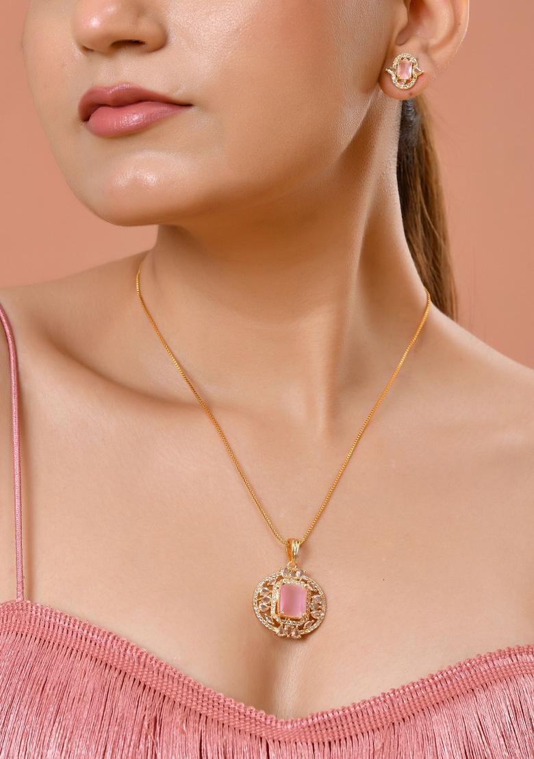 Gold Plated Baby Pink Rectangular Shaped And Ad Stone Studded Chain Set  - Indya