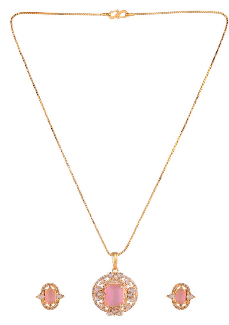 Gold Plated Baby Pink Rectangular Shaped And Ad Stone Studded Chain Set  - Indya