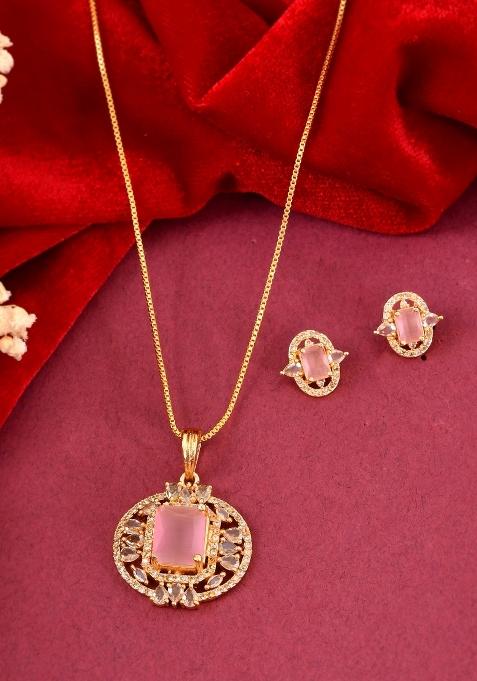 Gold Plated Baby Pink Rectangular Shaped And Ad Stone Studded Chain Set 