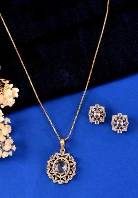 Gold Toned Circular Shaped Designer Cz Stone Studded Chain Set 