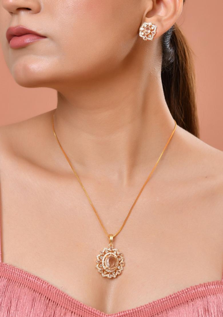 Gold Toned Circular Shaped Designer Cz Stone Studded Chain Set  - Indya