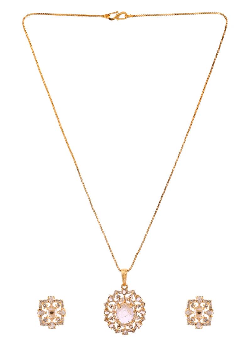 Gold Toned Circular Shaped Designer Cz Stone Studded Chain Set  - Indya