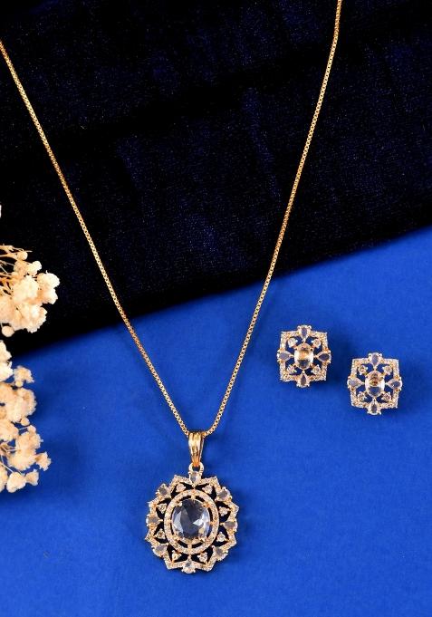 Gold Toned Circular Shaped Designer Cz Stone Studded Chain Set 