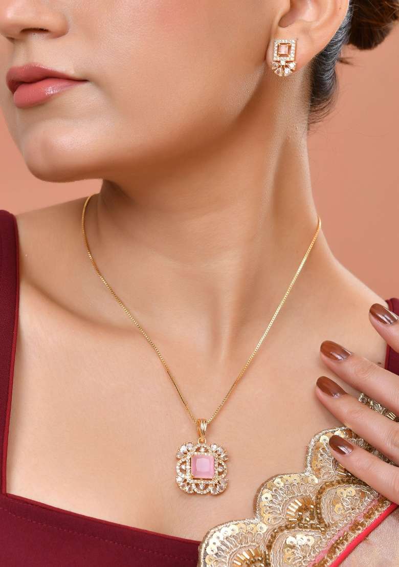 Gold Plated Baby Pink Square Ad Stone Studded Chain Set  - Indya